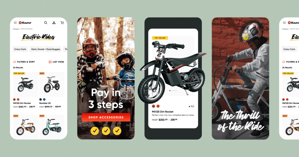 Multiple screens of the Razor website showcasing dirt biked and children riding bikes