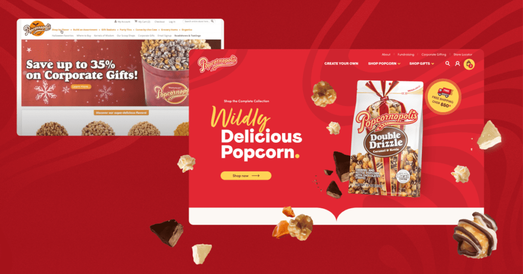 The homepage hero showcases one featured flavor at a time, so Popcornopolis can highlight new flavor combinations, bestsellers, or seasonal favorites. 