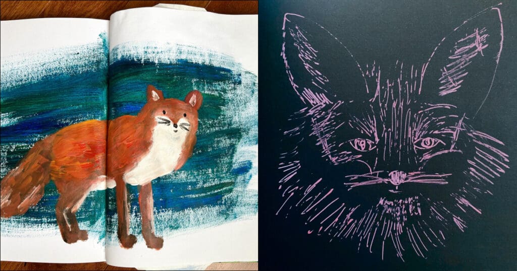 two drawings of foxes